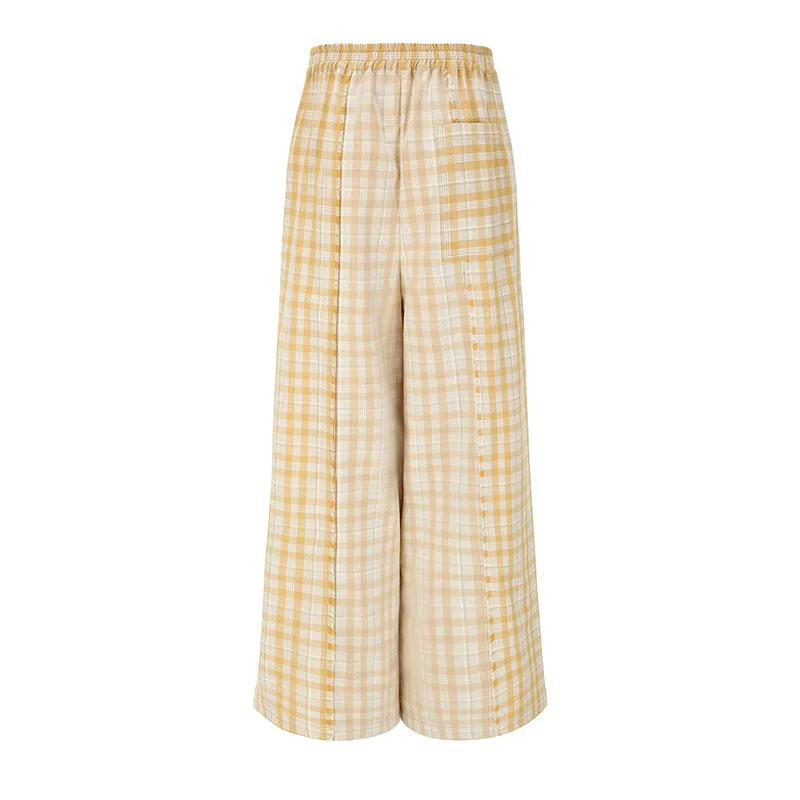 Coating Plaid Patch Raw Edge Wide-Leg Pants