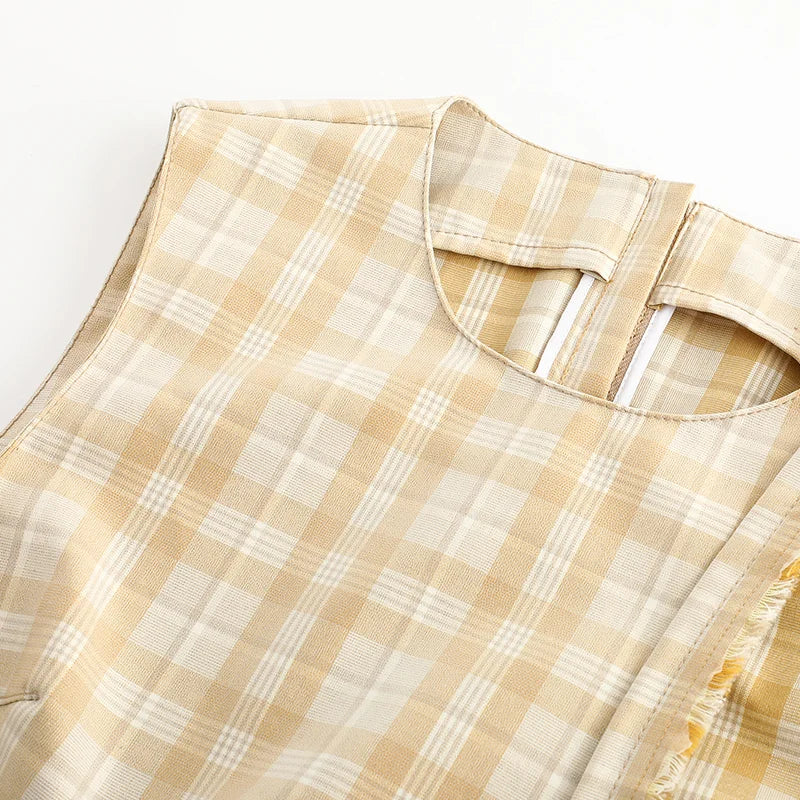 Coating Plaid Patch Raw Edge Laced Top