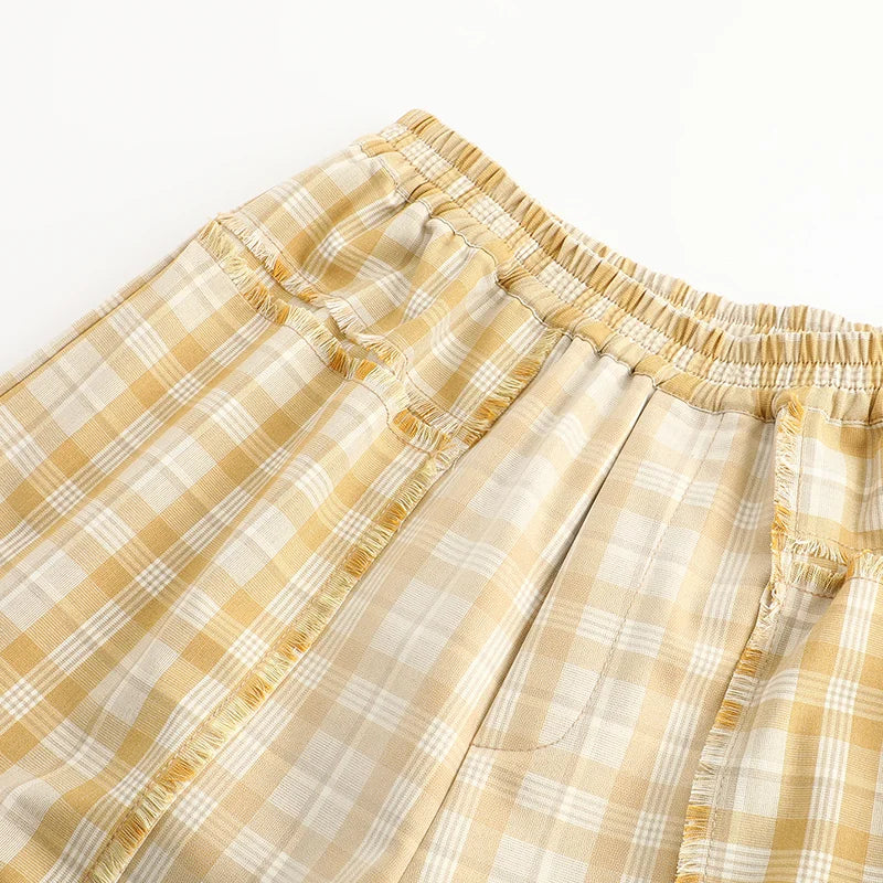 Coating Plaid Patch Raw Edge Wide-Leg Pants