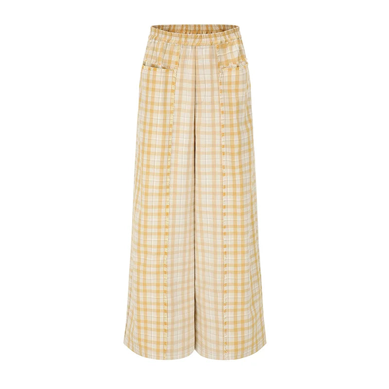 Coating Plaid Patch Raw Edge Wide-Leg Pants