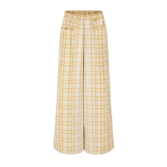 Coating Plaid Patch Raw Edge Wide-Leg Pants