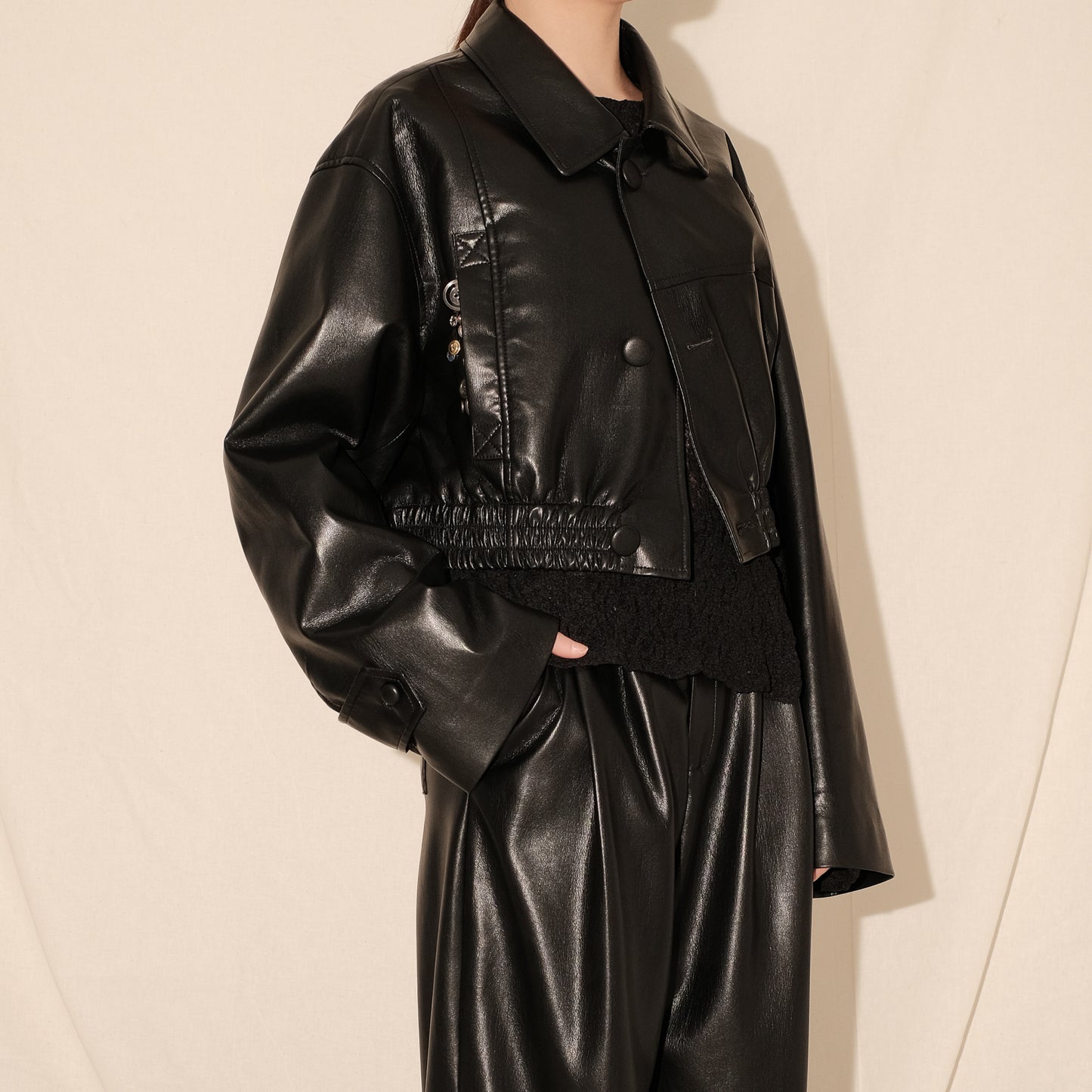 Vegan Leather Elastic Hem Crop Jacket