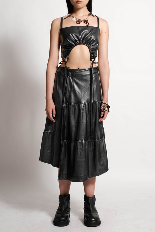 Vegan Leather Shirred Midi Skirt