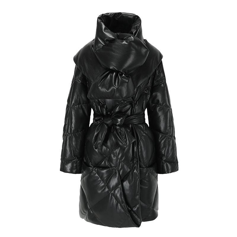 Vegan Leather Big Scarf Long Down Jacket