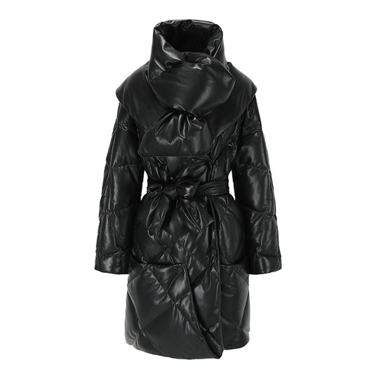 Vegan Leather Big Scarf Long Down Jacket