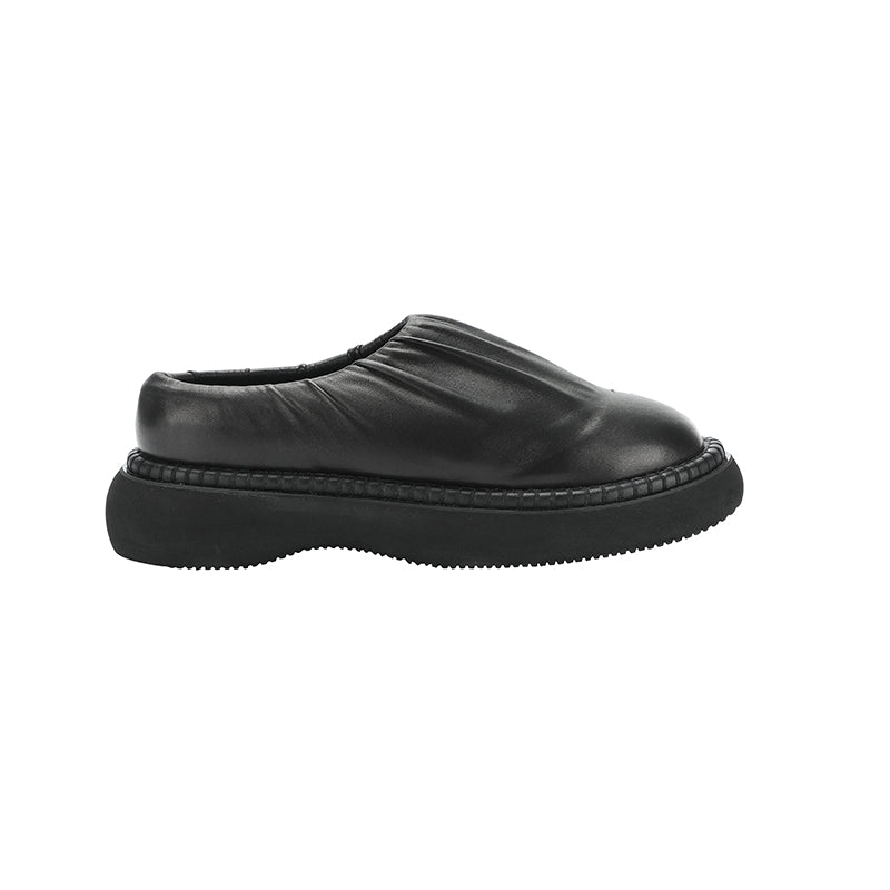 Black Leather Shirring Loafers