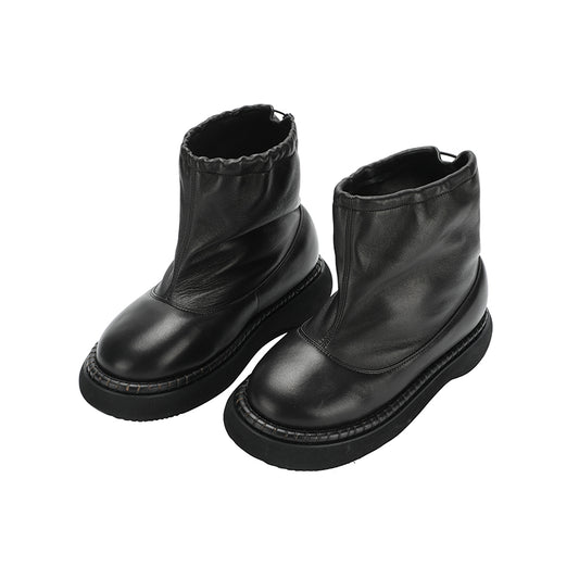 Black Leather Shirring Ankle Boots