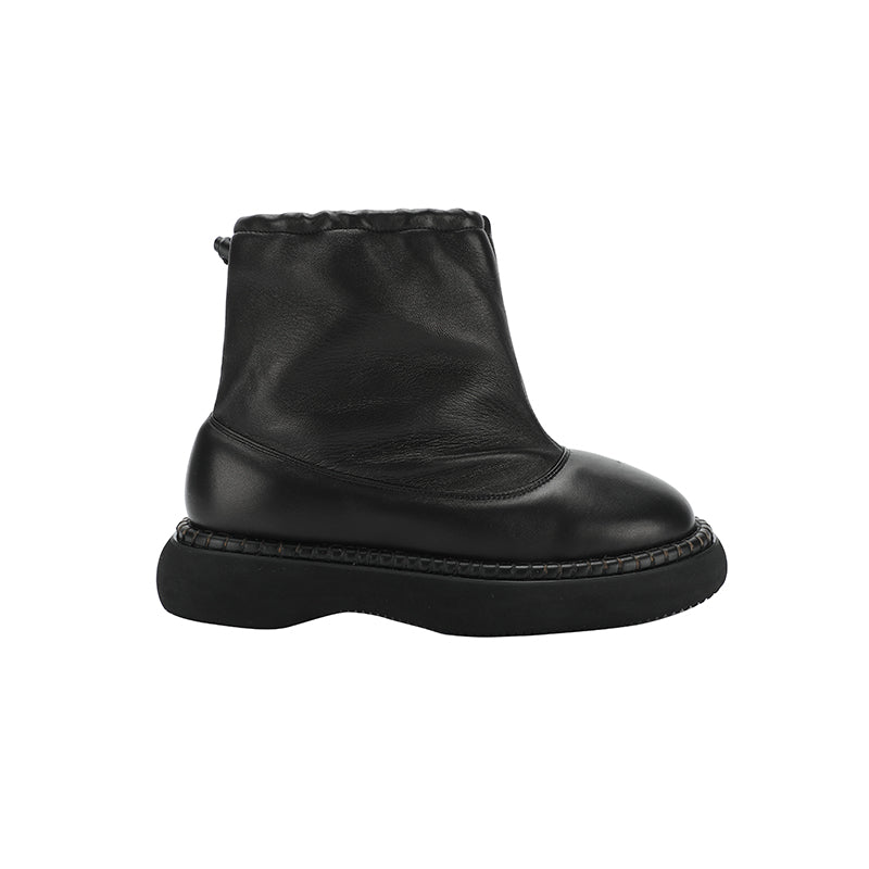 Black Leather Shirring Ankle Boots